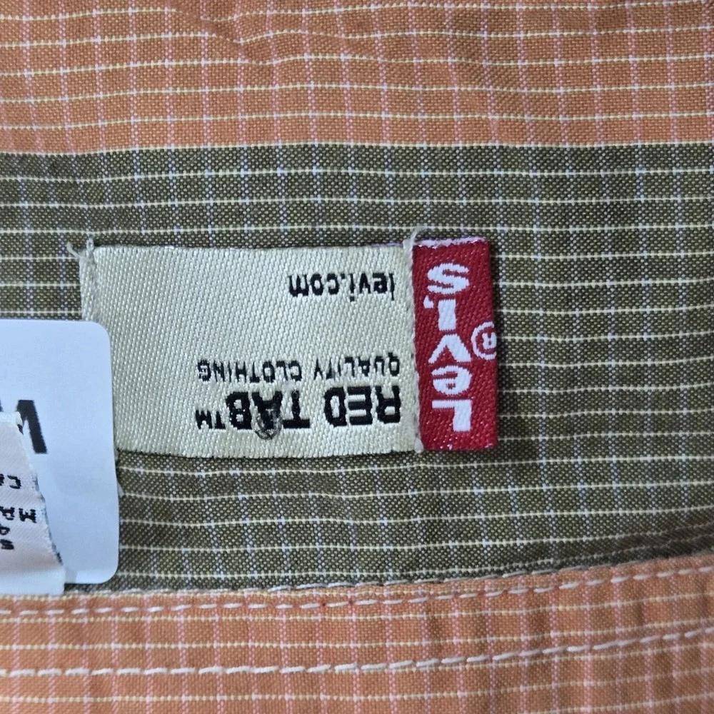 VINTAGE Levi's Men Button Up Shirt L Tan Cotton Striped Rugby Skater Grunge Y2K